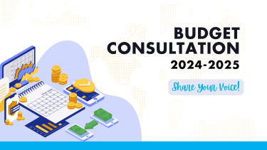 Budget Consultation Banner - 2024-25 Graphic showing a calendar, money, computer. Words that read "Budget Consultation 2024-2025, Share your voice!"